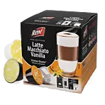 Café René Vanilla Latte Macchiato package and capsule for Dolce Gusto
